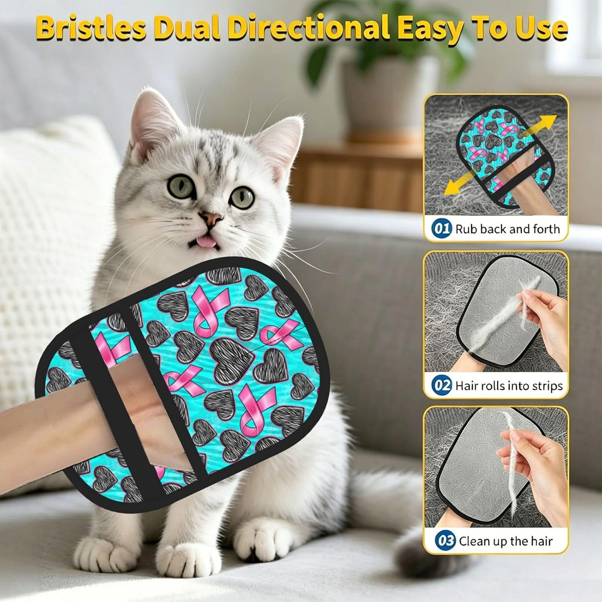 Breast Cancer Awareness Pink Ribbon Heart Pet Hair Removal Glove Dogs Hair Remover Glove Cats Fur Removal Tool with Hanging Loop for Couch 6.7X9.5 in
