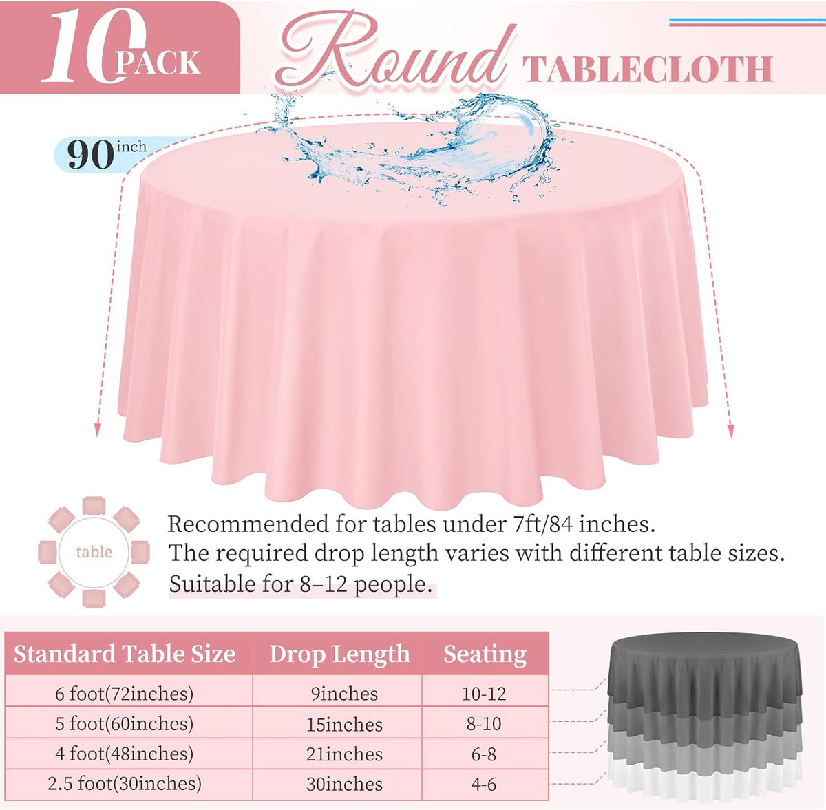 10 Pack Pink Round Tablecloth 90 Inch, Waterproof Table Cover