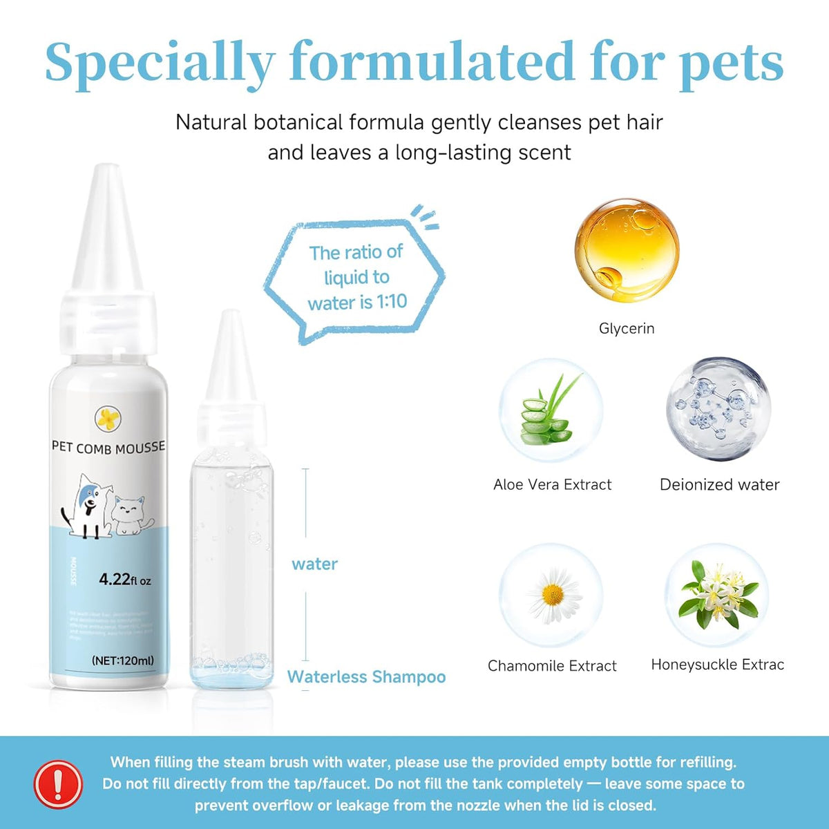 Pet Steam Brush for Dog & Cat - 3-in-1 Steam Grooming Brush for Shedding & Hair Removal - Self Cleaning Spray Comb with Mist for Long Haired Pets - Includes 1*Waterless Shampoo, Blue.