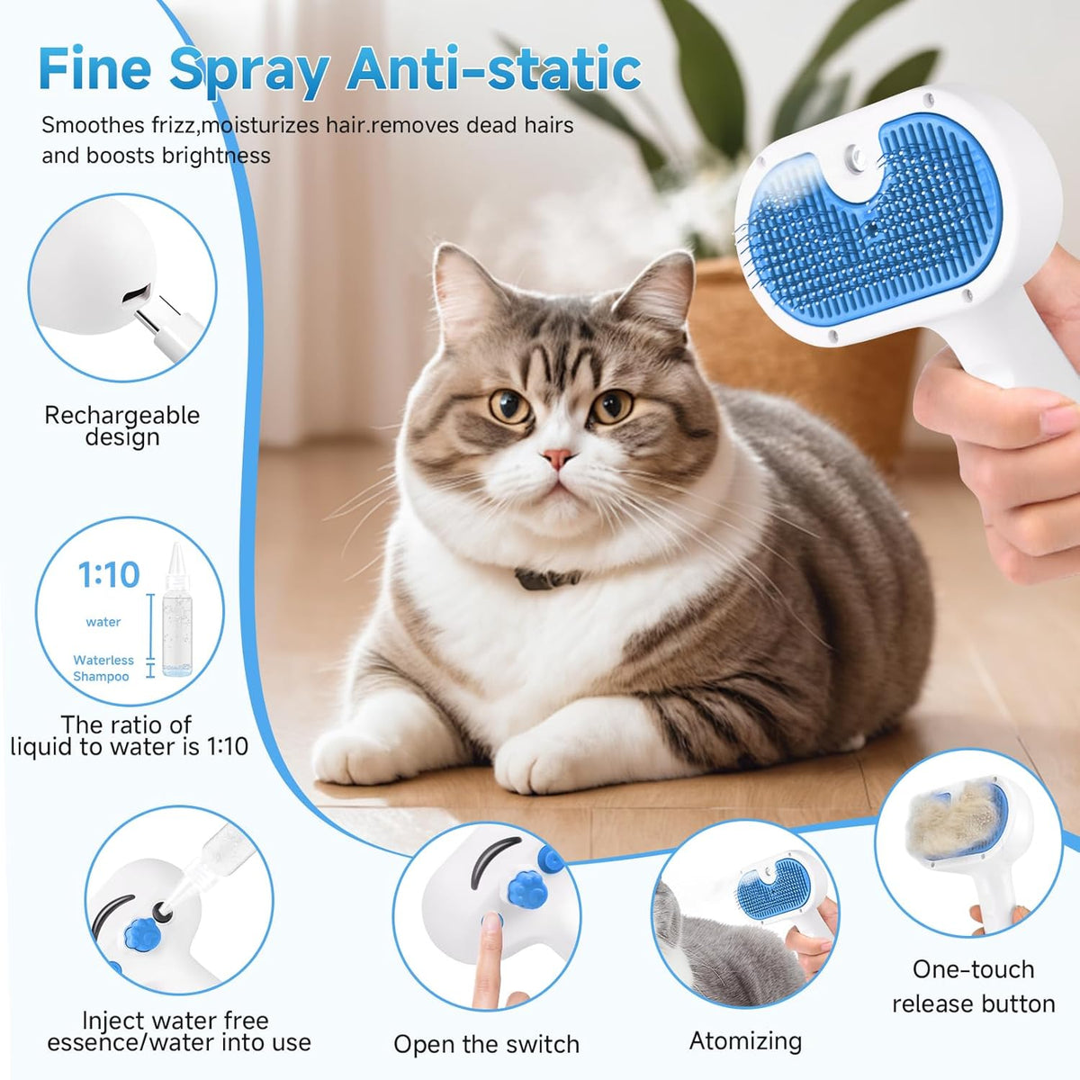Pet Steam Brush for Dog & Cat - 3-in-1 Steam Grooming Brush for Shedding & Hair Removal - Self Cleaning Spray Comb with Mist for Long Haired Pets - Includes 1*Waterless Shampoo, Blue.