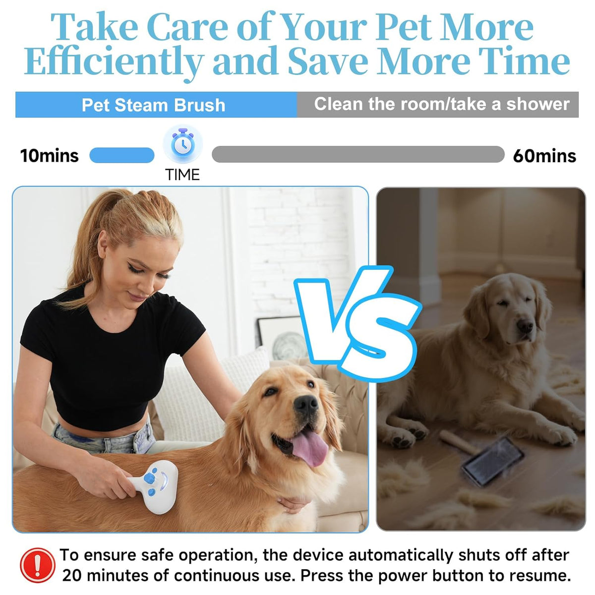 Pet Steam Brush for Dog & Cat - 3-in-1 Steam Grooming Brush for Shedding & Hair Removal - Self Cleaning Spray Comb with Mist for Long Haired Pets - Includes 1*Waterless Shampoo, Blue.