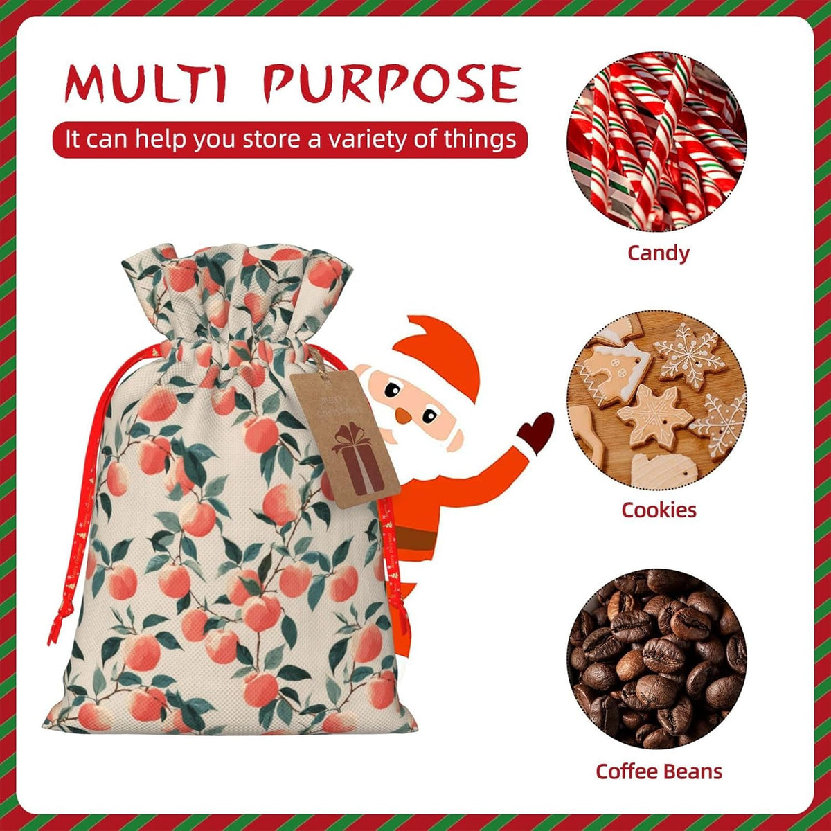 Fruits Peach (3) Print Christmas Drawstring Gift Bags, Reusable Candy Treat Bags For Holiday Birthday Party