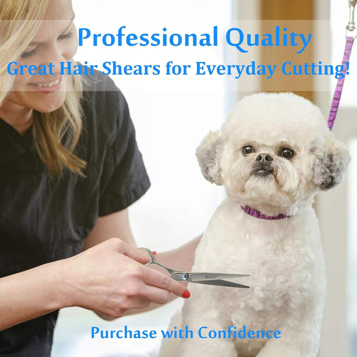 JASON 8" Straight Dog Grooming Scissors Long Pets Grooming Shears Premium Cats Trimming Kit with Offset Handle and a Jewelled Screw Sharp Comfortable Christmas Gift
