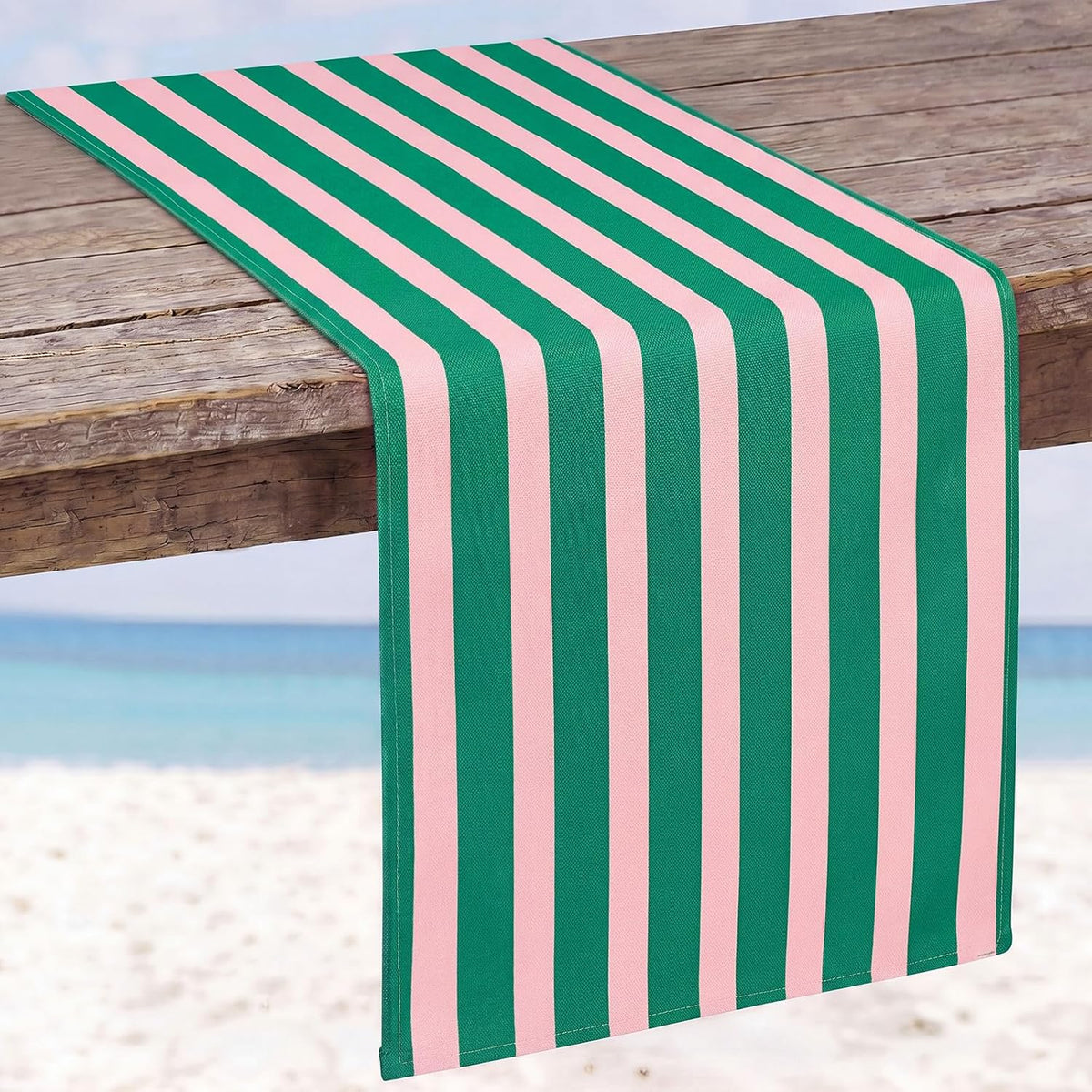 Linen Pink Green Cabana Striped Table Runner, 14 x 120 in