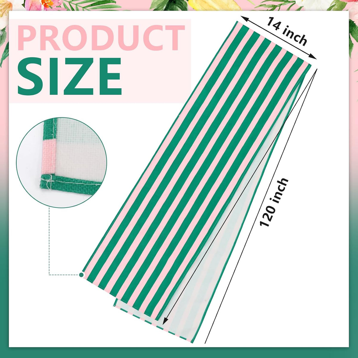 Linen Pink Green Cabana Striped Table Runner, 14 x 120 in