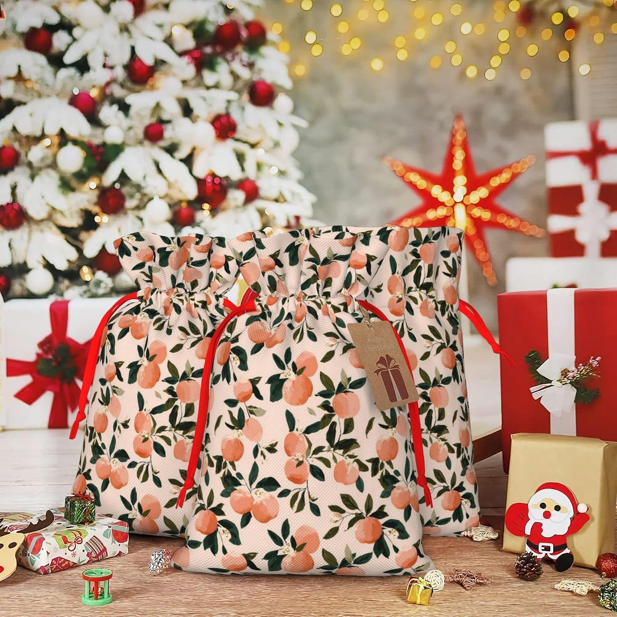 Qewfoju Fruits Peach 2 Pattern Holiday Gift Bags Christmas Burlap Gift Bags Drawstring for Wedding Party Favors Xmas Gifts Couple Shower Small