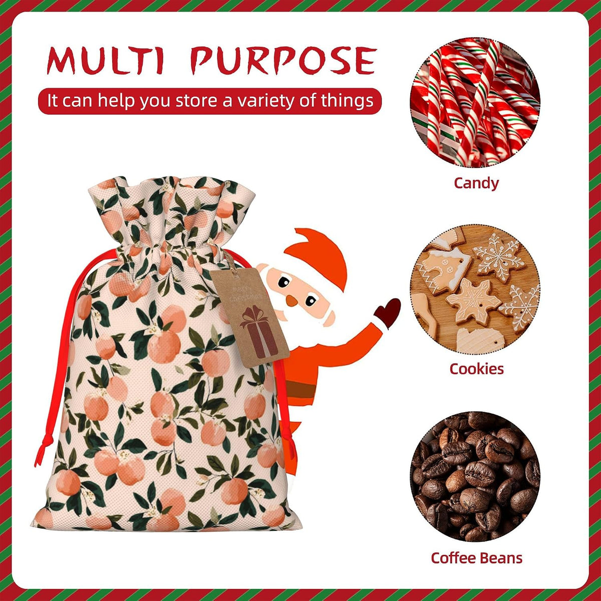 Qewfoju Fruits Peach 2 Pattern Holiday Gift Bags Christmas Burlap Gift Bags Drawstring for Wedding Party Favors Xmas Gifts Couple Shower Small