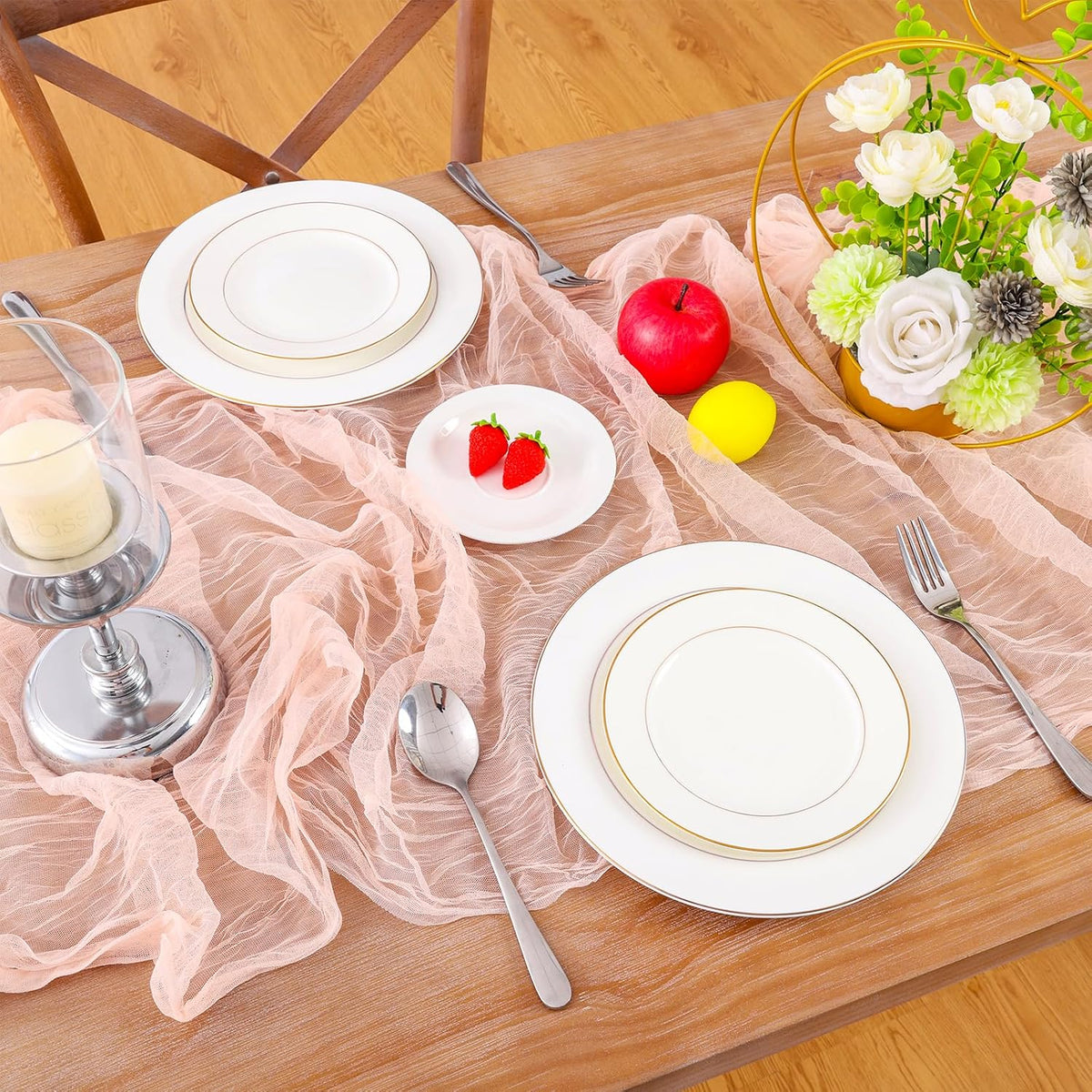 6pcs Coral Peach Spring Summer Cheesecloth Table Runner 35 x120 inches Rustic Gauze Boho Cheese Cloth Table Runner for Wedding Bridal Shower Baby Decoration