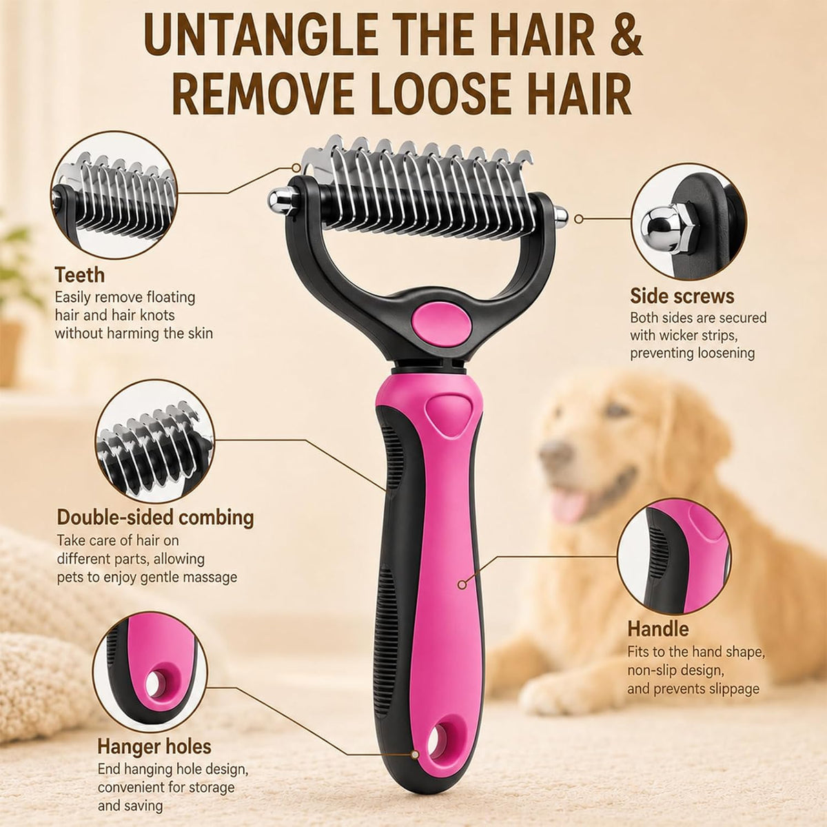 Dematting Comb for Dogs and Cats, Pet Grooming Rake, Double Sided Deshedding Brush for Dogs & Cats, Deshedding Dog Brush Removes Tangles Knots and Loose Fur for Long Haired Pets (Blue+pink)