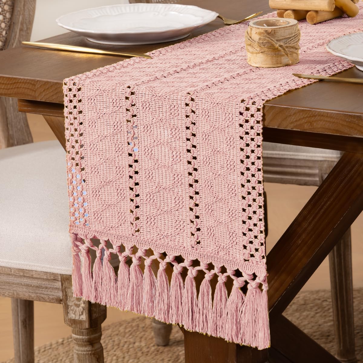 Pink Boho Macrame Farmhouse Woven Table Runner 36Inch