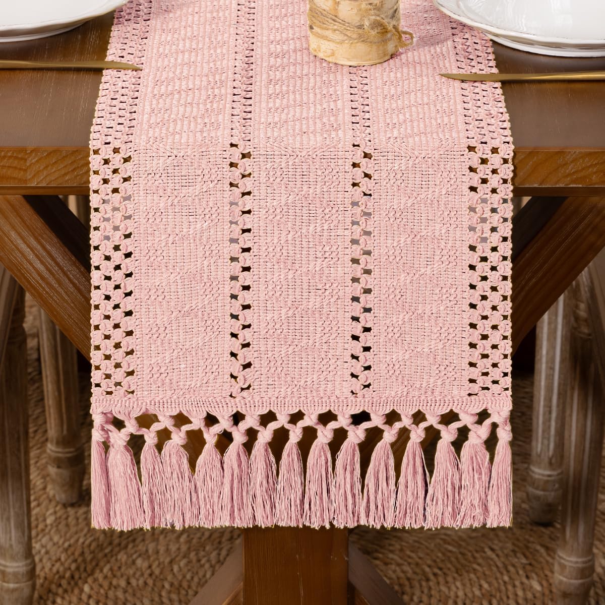 Pink Boho Macrame Farmhouse Woven Table Runner 36Inch