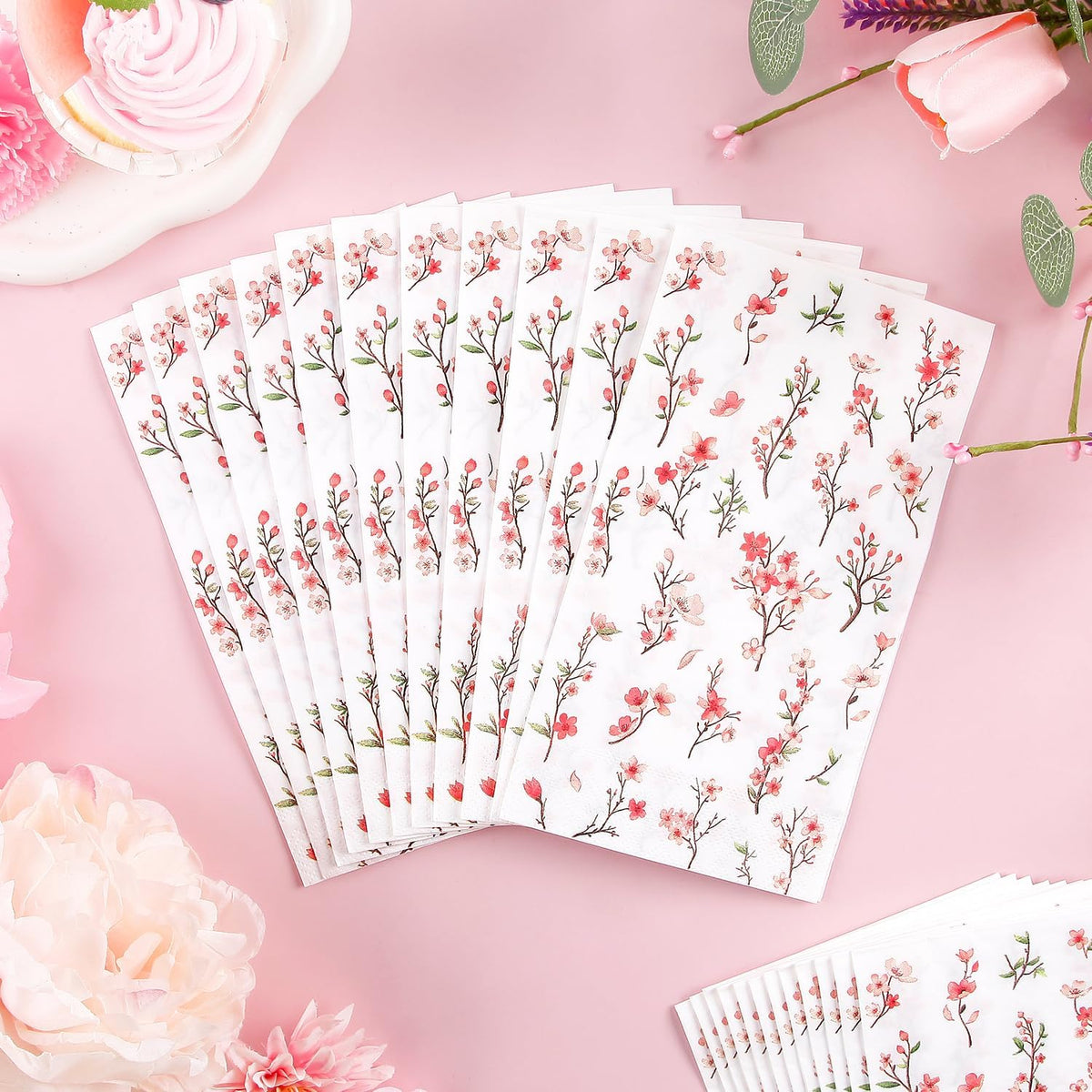 50 Pack Spring Paper Napkins Disposable Pink Floral Hand Towels Cherry Blossom Decorative Table Napkin for Spring Summer Wedding Dinner Supplies Tableware Decor，4.3"*7.8"