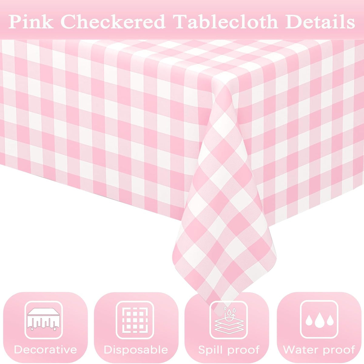 2 Pack Pink Gingham Tablecloth Rectangular Pink and White Checkered Tablecloths Disposable Plastic Pink Plaid Table Cover for Parties, Outdoor Picnic, Birthday, Wedding, Camping 54 × 108 Inch