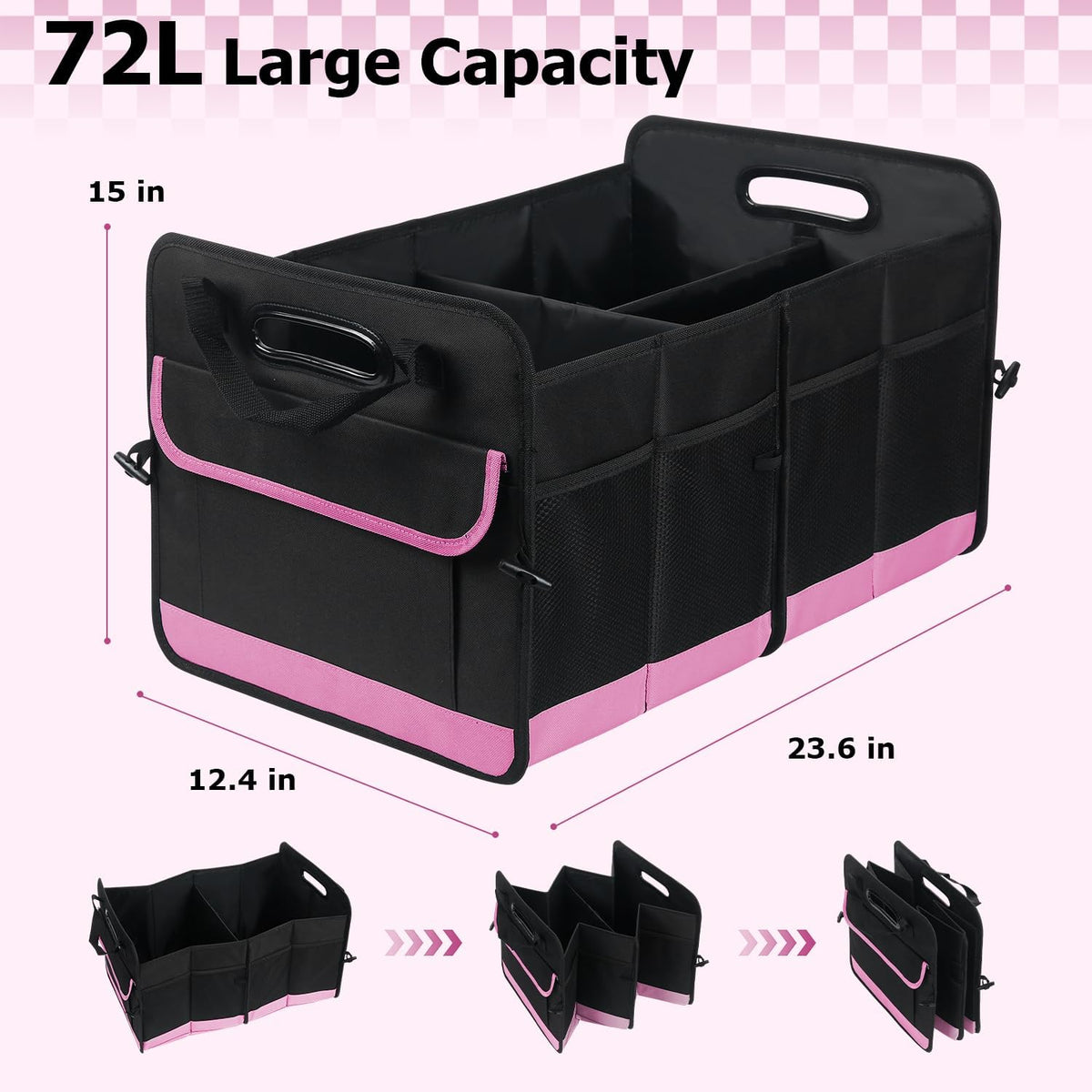 Car Trunk Organizer, 72L Large Capacity Waterproof Auto Storage Organizer with Non-Slip Bottom Strips, Collapsible Cargo Organizer for Suv, Truck, Sedan, Portable Car Accessories for Women Men(Pink)