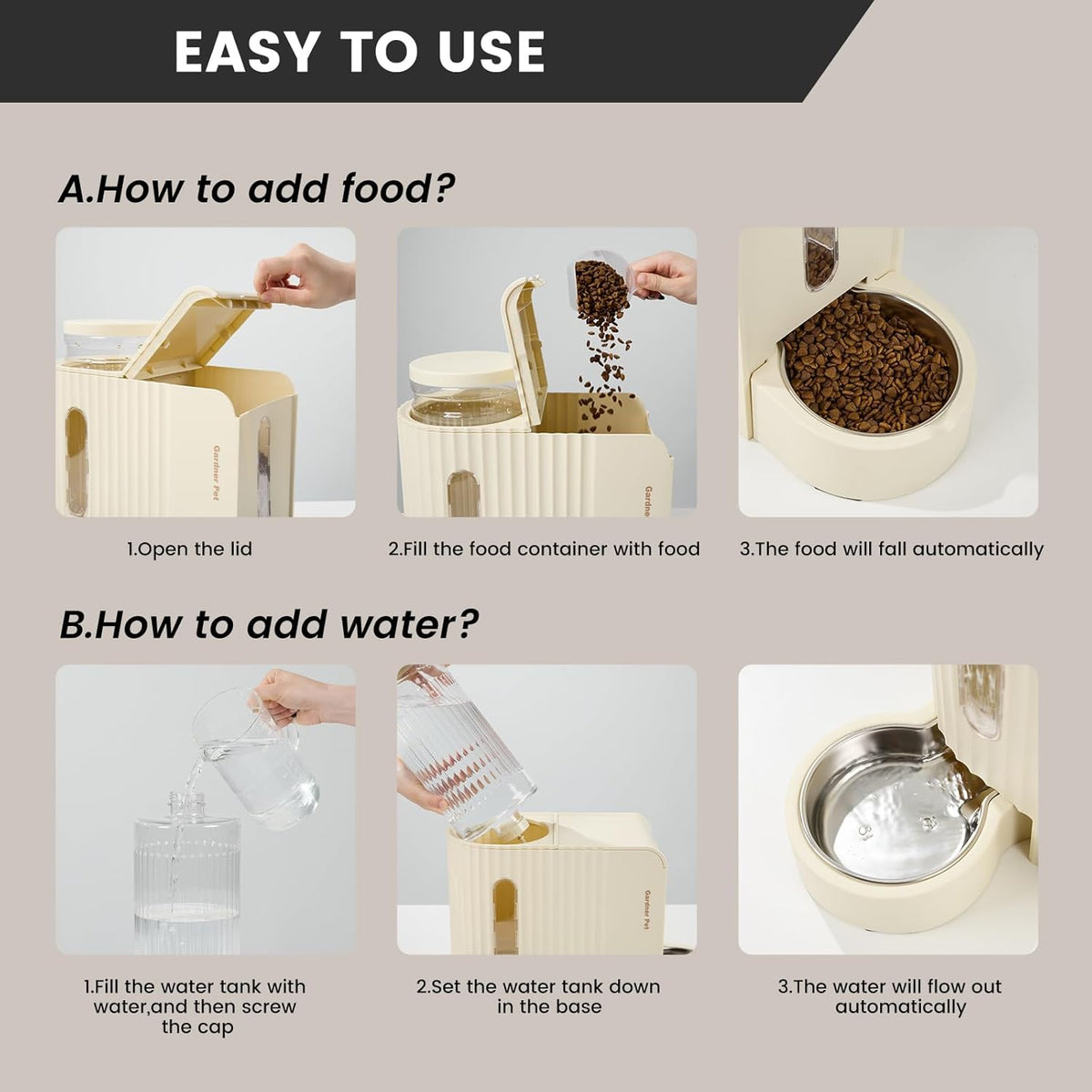 Gardner Pet Gravity Automatic 2-in-1 Pet Feeder, 0.8 Gallons*2 Cat Feeder and Water Dispenser Set, 100% BPA-Free Feeder and Stainless Steel Water Dispenser for Dogs, Cats, Rabbits, Puppies (Beige)