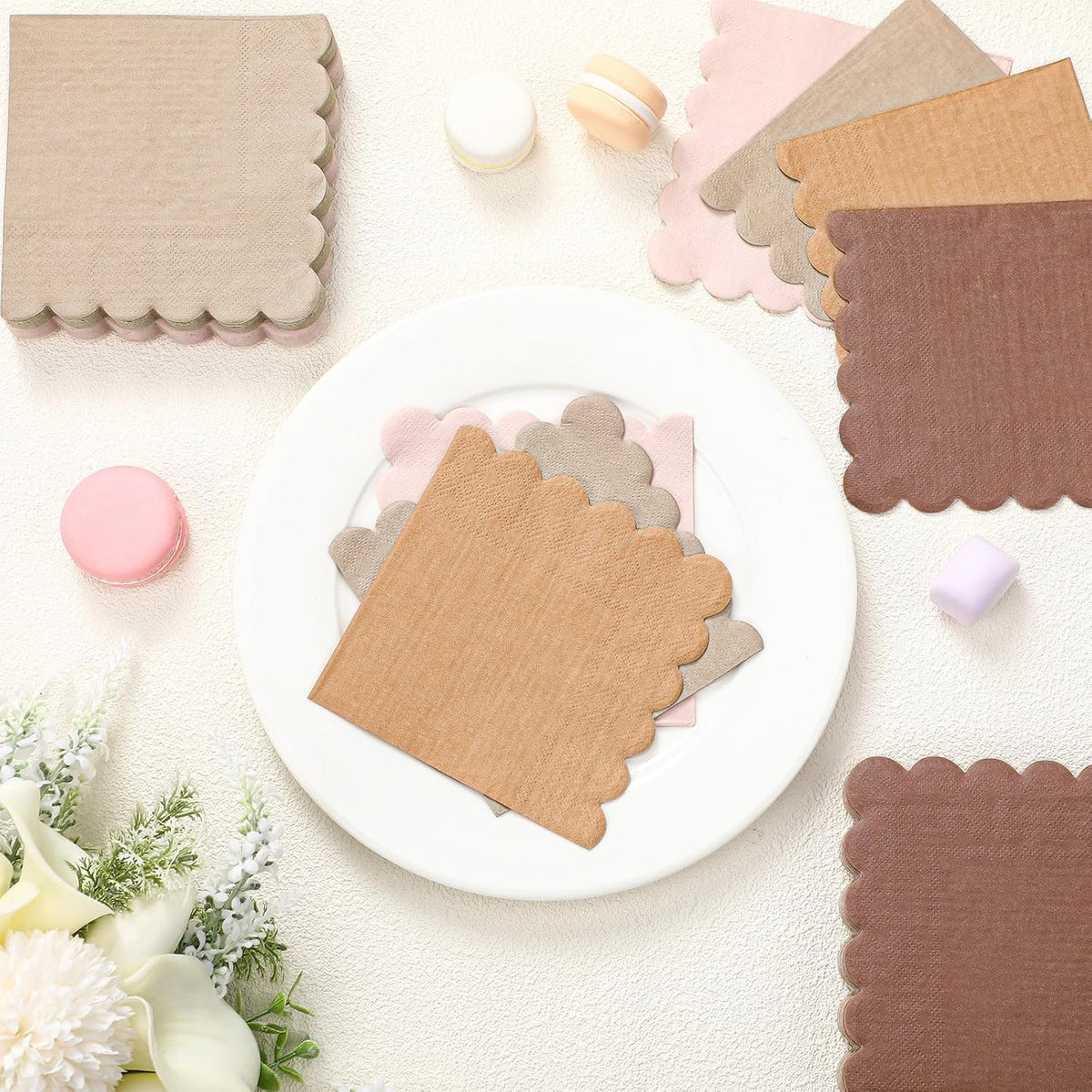 Zhanmai 100 Pack Cocktail Napkins Scalloped Napkins Beverage Gradient Color Paper tissue with Scalloped Edges Thick Disposable Luncheon tissue for Party Supplies(5 x 5 Inch,Pink Brown)