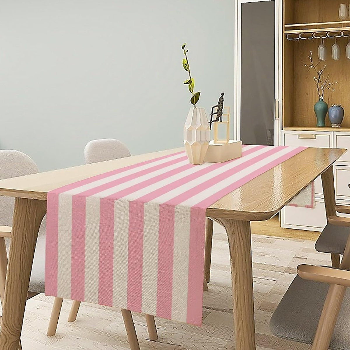 Stripe Table Runner Vertical Pink White Stripe Pattern for Indoor Outdoor Party Dinner Festival Farmhouse Holiday Dining Room Home Kitchen Restaurant, 13x36in