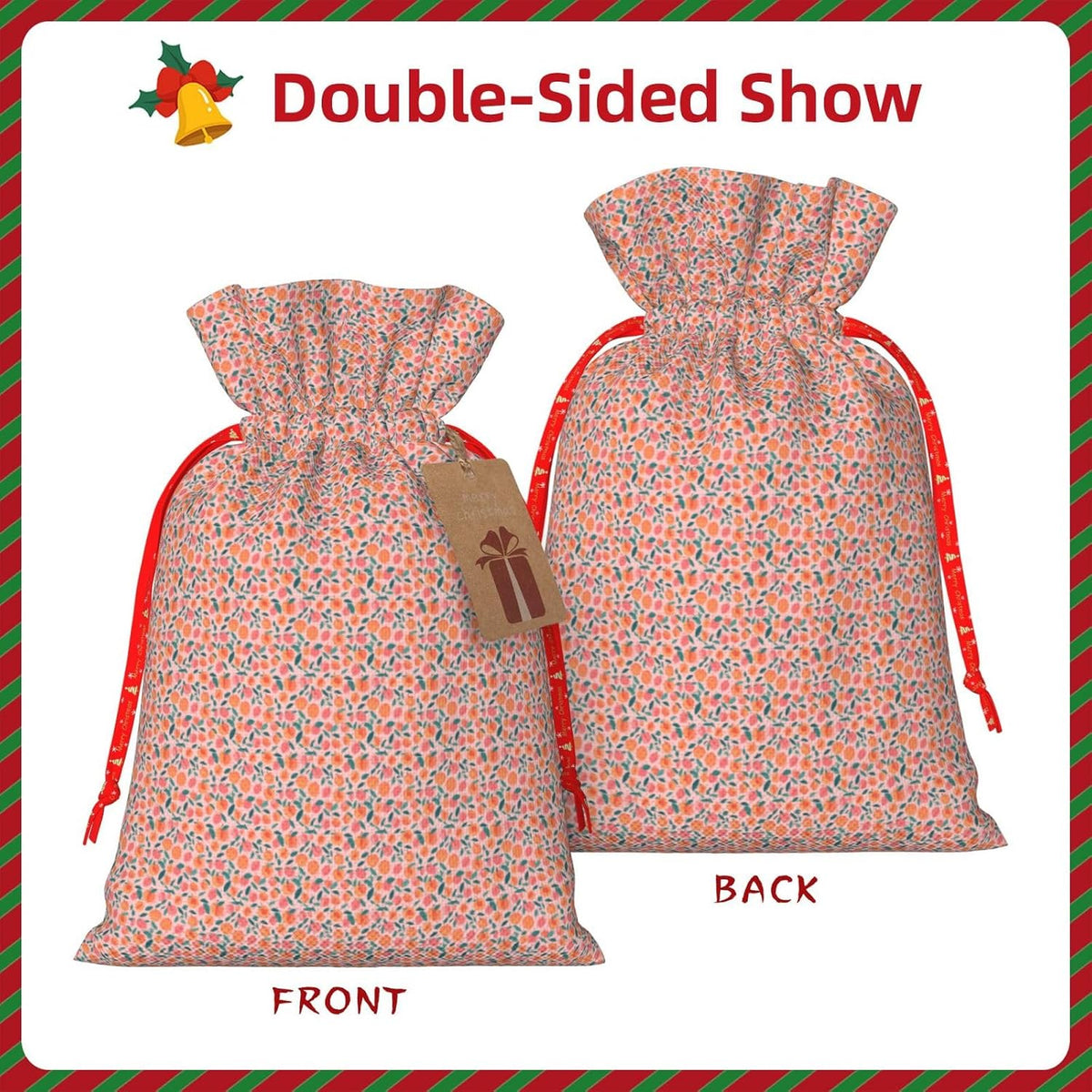 Pink Peach Pattern Seamless Pattern Printing Christmas Drawstring Gift Bags For Holiday Xmas Birthday Party Present Sacks