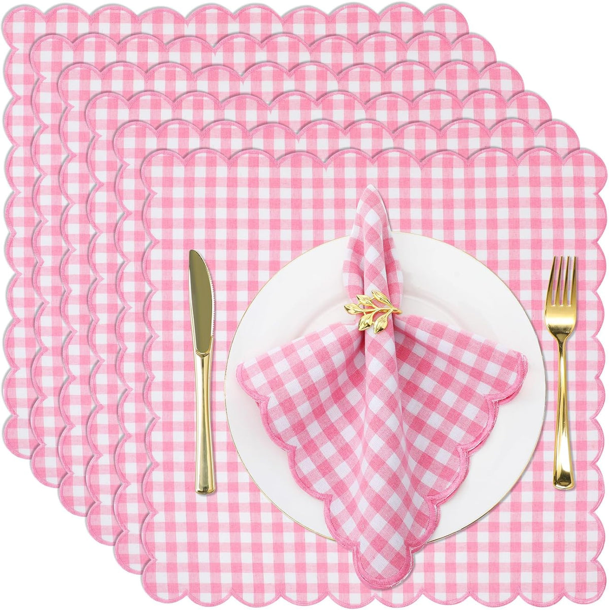 12 Pack Buffalo Plaid Cloth Napkins 18x18 Inch Checkered Cloth Napkins Scalloped Soft Cotton Table Mat Washable Reusable for Dinner Wedding Holiday Birthday Parties (Classic,Pink)
