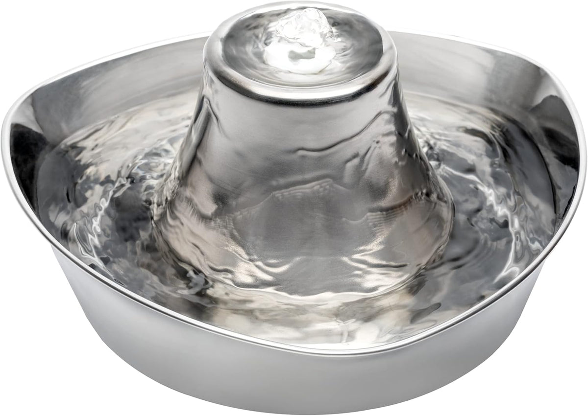 PetSafe Seaside Stainless Steel Cat & Dog Fountain, 60 Oz Water Capacity - 2 Water Filters & 1 Pump Included, Soothing Flow for Pets, Scratch-and Rust-Resistant Material - Quiet Motor