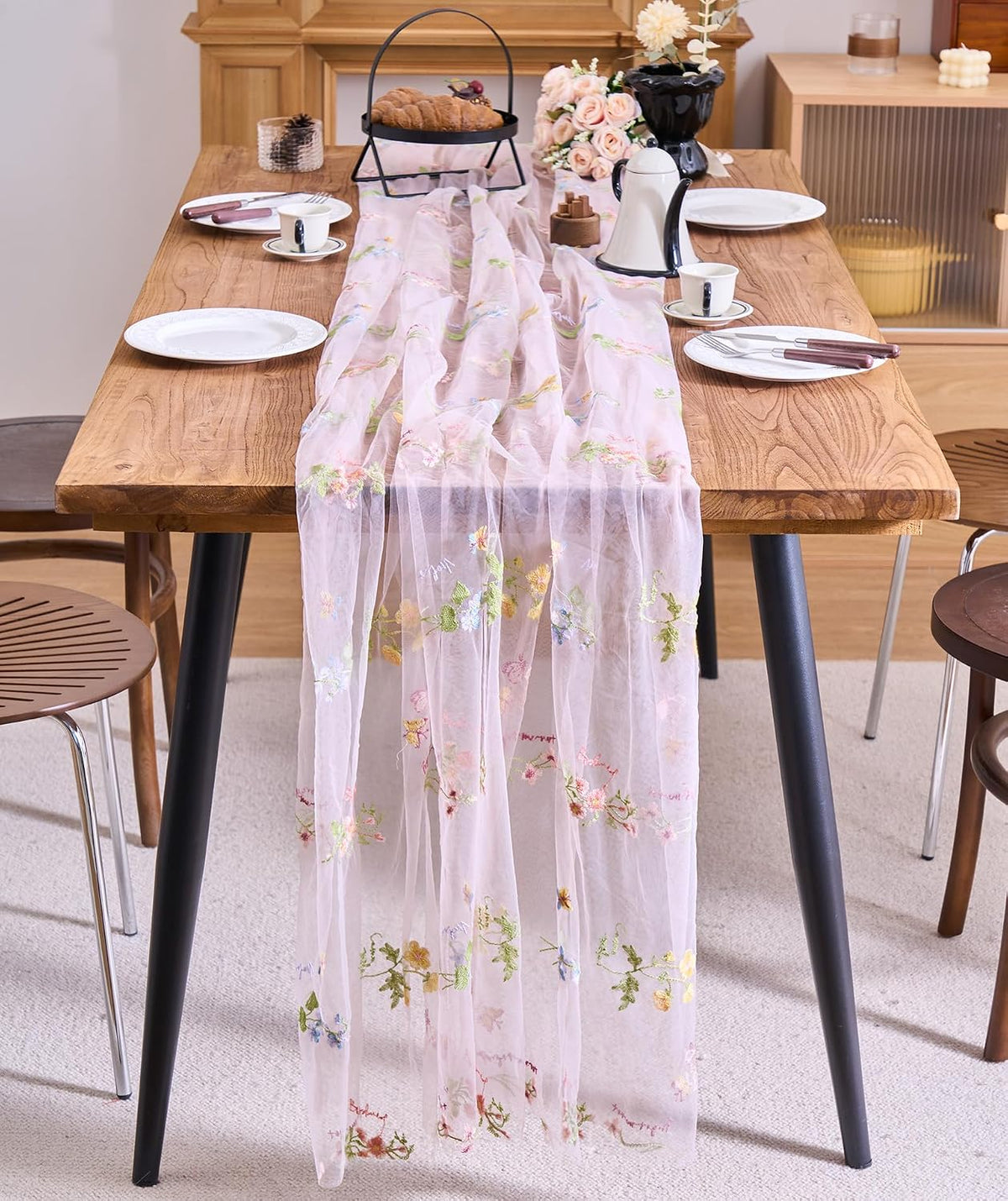 2 Packs Embroidery Lace Fall Table Runner 10ft Floral Garden Seasonal Tulle Table Runner Holiday Kitchen Dining Table Decoration for Wedding Party Baby Shower Birthday (Pink,30"x120")