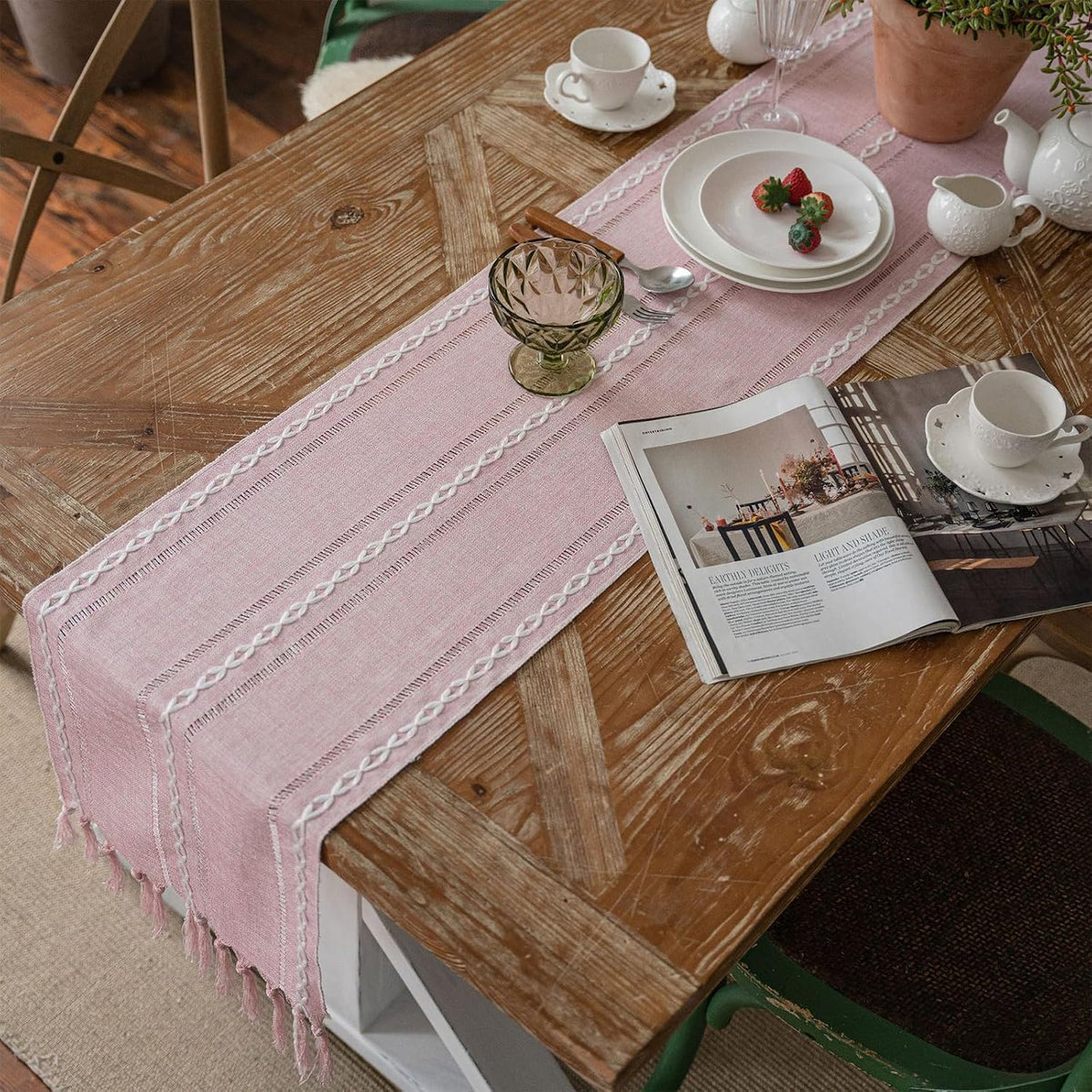 Pink Table Runner 72 Inches Long with Tassels - Gifts for Women, Birthday Table Decorations Linen Runners for Wedding Party Baby Shower Decor (Pink, 12"×72")