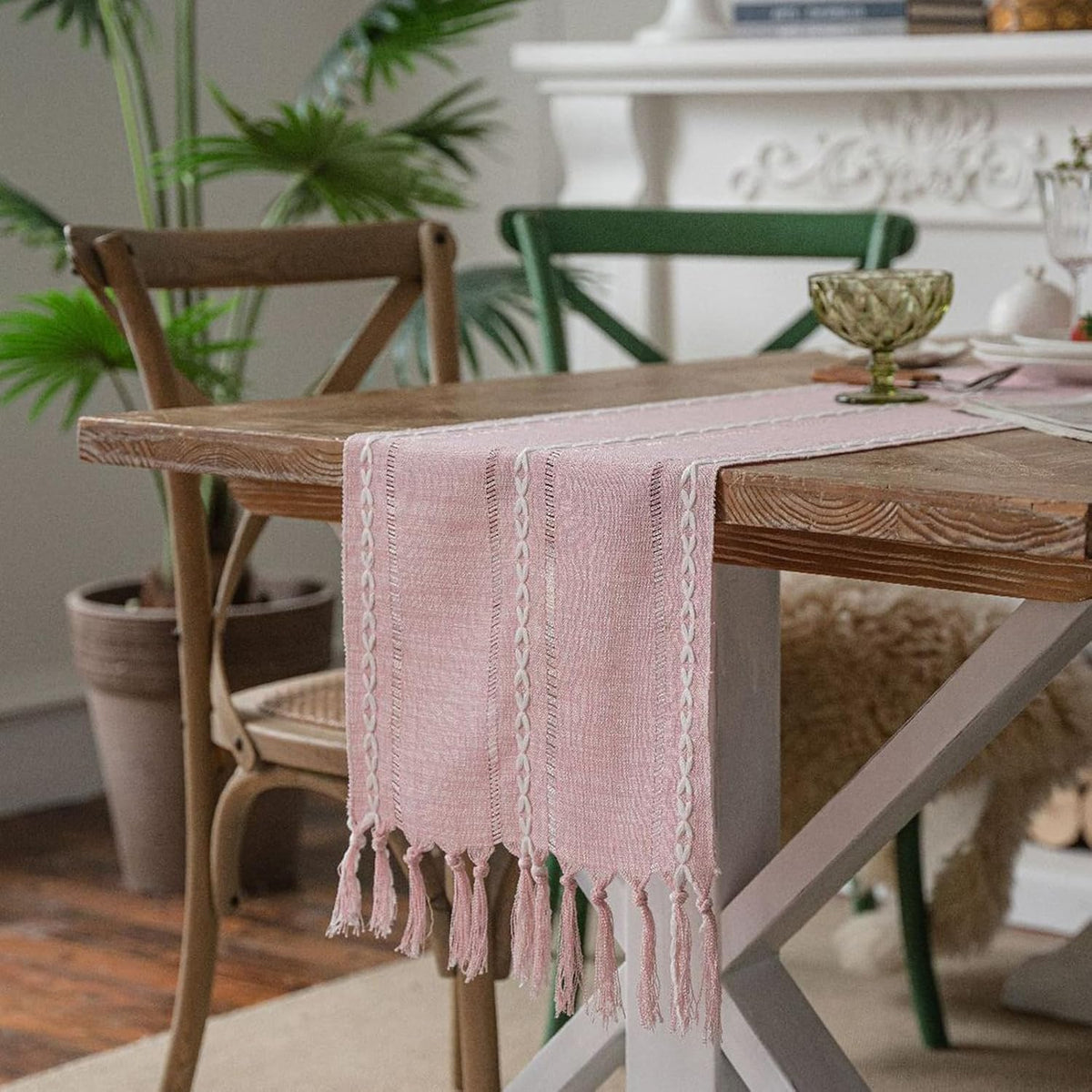 Pink Table Runner 72 Inches Long with Tassels - Gifts for Women, Birthday Table Decorations Linen Runners for Wedding Party Baby Shower Decor (Pink, 12"×72")