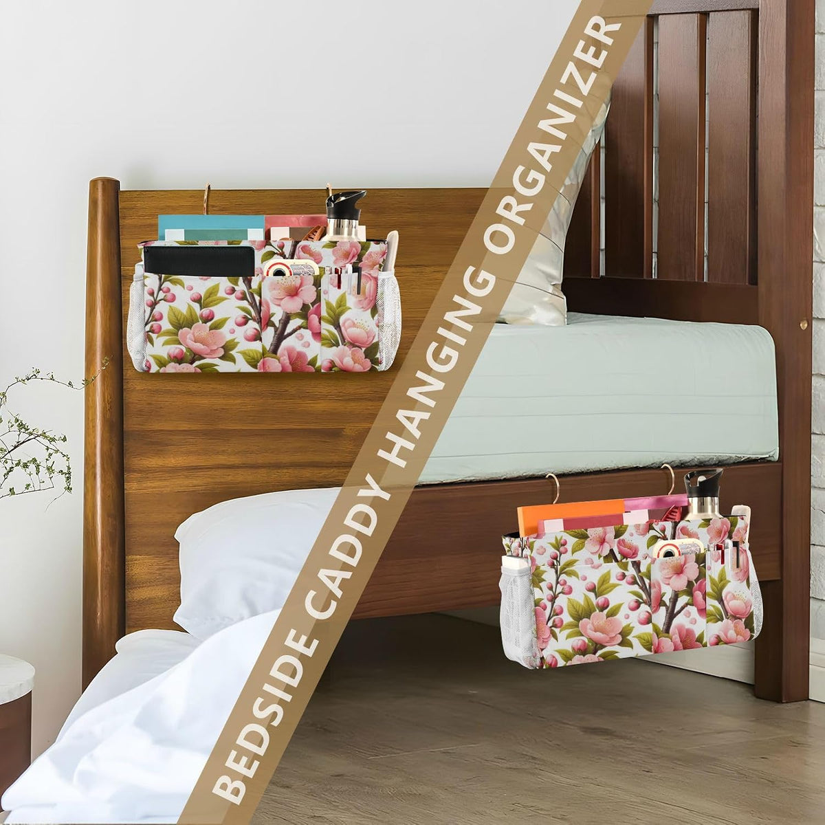 Spring Pink Cherry Flowers Branch Bedside Caddy Bedside Organizer Bedside Storage Caddy College Dorm Bed Accessories