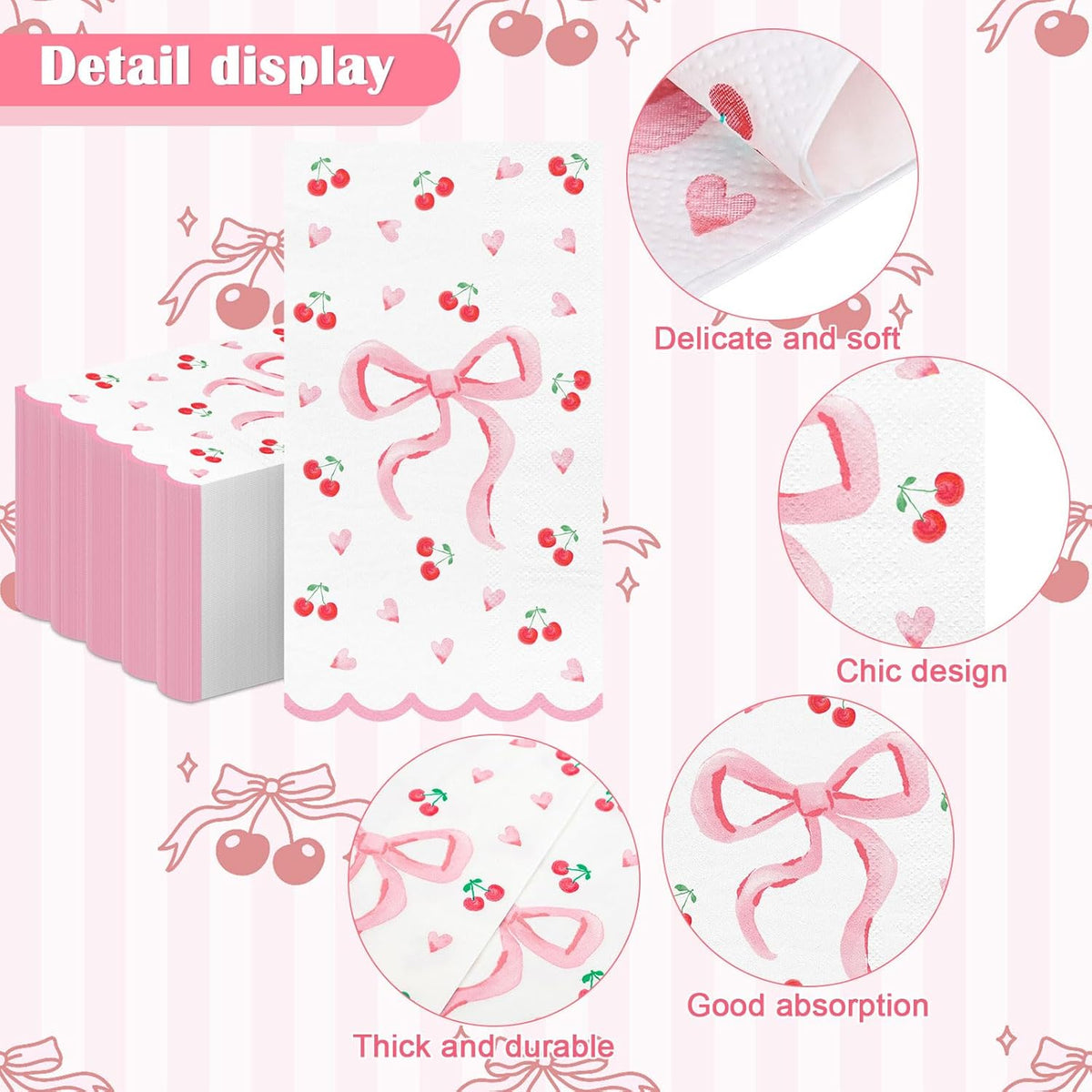 FYSUIMU 50Pcs Pink Bow Scalloped Napkin Coquette Bowknot Cherries Paper Napkin Disposable Dinner Hand Towel for Home Kitchen Bathroom Wedding Bachelorette Bridal Birthday Party Supplies