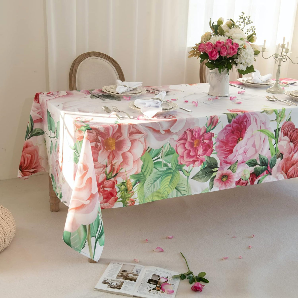 Pink Roses Rectangle Tablecloth 60x84 Inch, Waterproof Summer Floral Table Cover Rosette Table Cloth, Red Rose Rectangular Table Décor Washable Fabric for Party, Picnic, Camping, Kitchen, Dining Room