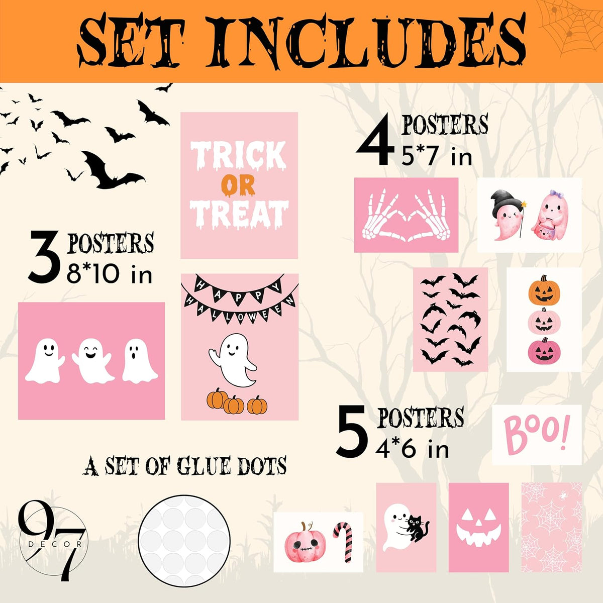 Pink Ghost Halloween Wall Art, 12 Pcs Poster Set, Unframed