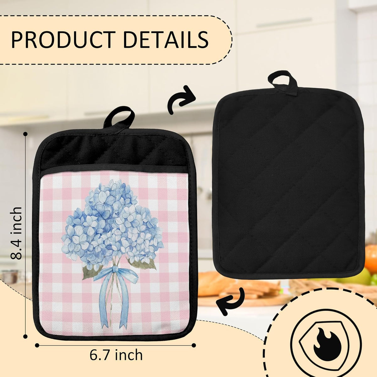 Coquette Bow Blue Hydrangea Floral Pot Holders 2 Pack Set, Preppy Pink and White Checkered Hydrangea Flower Heat Resistant Oven Hot Pads for Kitchen Countertop Baking，051 Potholder