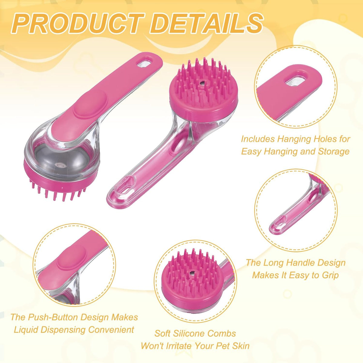 Pet Bath Brush, Dog Shampoo Brush New 2 in 1 Grooming Massage Scrubber Bubble Maker with Ring Built-in Shampoo Dispenser(Coarse,Pink), for Long Short Hair Cats Shower