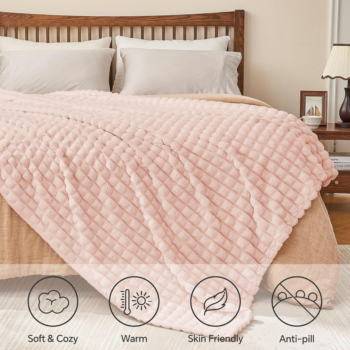 3D Checked Pink Fleece Throw Blanket for Couch, 50x60 Inches