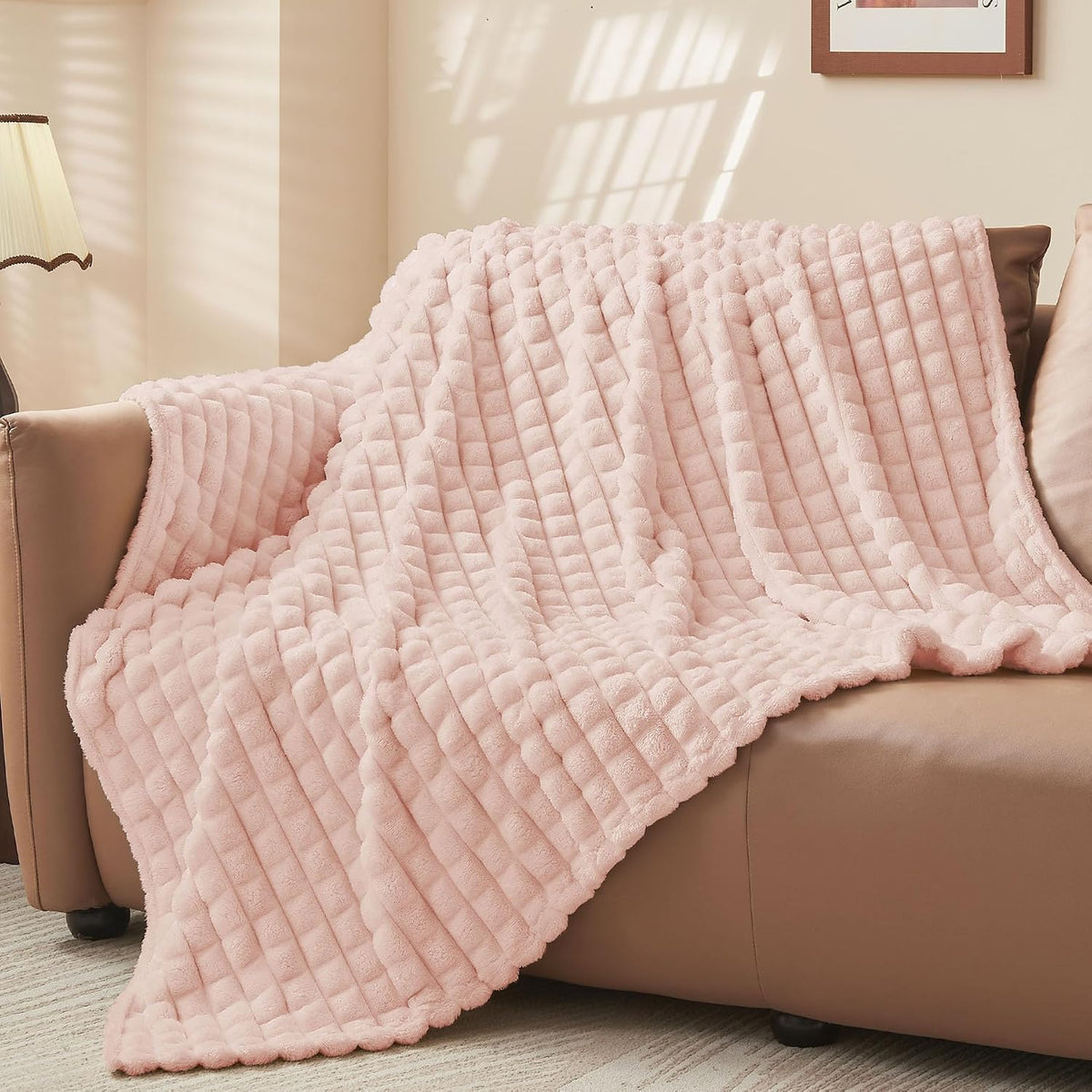 3D Checked Pink Fleece Throw Blanket for Couch, 50x60 Inches